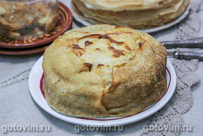 Блинный пирог с картофелем и лисичками. Фотография рецепта Блинный пирог с картофелем и лисичками. Фотография рецепта