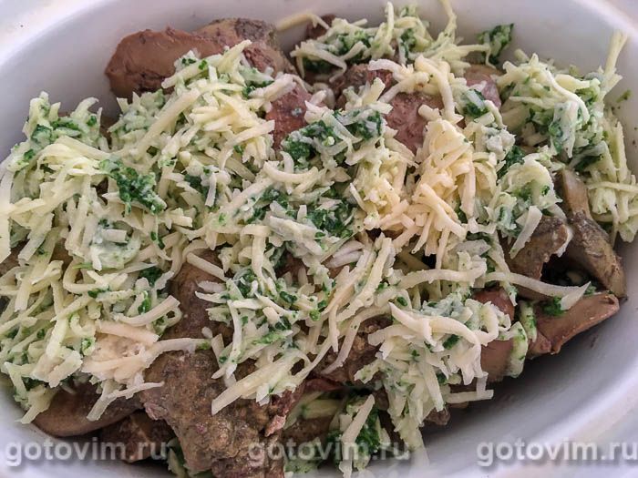 Фотографии рецепта Куриная печень с сыром, шпинатом и хреном, 05 Куриная печень с сыром, шпинатом и хреном, Шаг 05