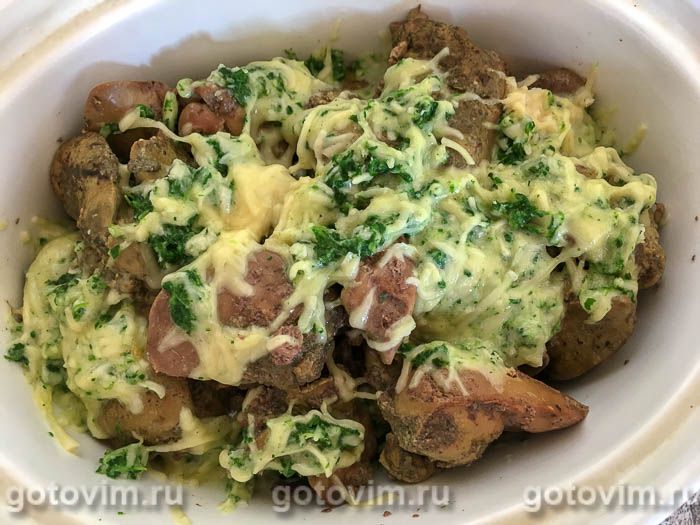 Фотографии рецепта Куриная печень с сыром, шпинатом и хреном, 06 Куриная печень с сыром, шпинатом и хреном, Шаг 06
