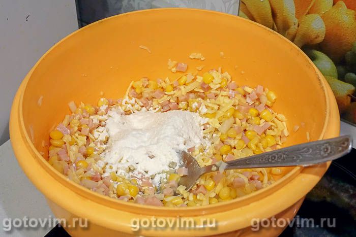 Фотографии рецепта Оладьи из кукурузы, ветчины и сыра, 04 Оладьи из кукурузы, ветчины и сыра, Шаг 04