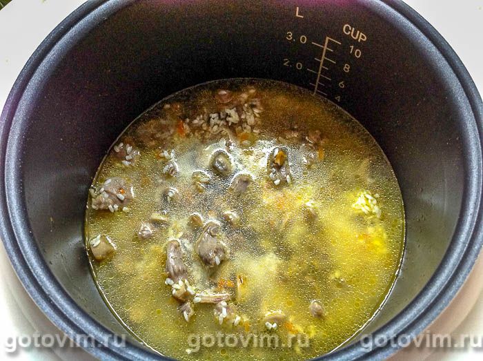 Фотографии рецепта Плов с куриными желудками и грибами в мультиварке, 07 Плов с куриными желудками и грибами в мультиварке, Шаг 07