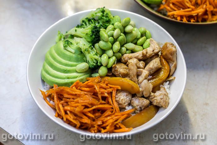 Фотографии рецепта Поке с жареной куриной грудкой в соусе терияки, манго, авокадо и бобами эдамаме, 14 Поке с жареной куриной грудкой в соусе терияки, манго, авокадо и бобами эдамаме, Шаг 14