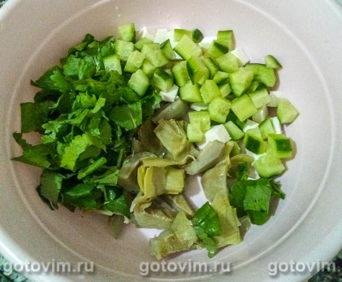 Фотографии рецепта Салат из артишоков с брынзой, огурцом и рукколой , 07 Салат из артишоков с брынзой, огурцом и рукколой , Шаг 07