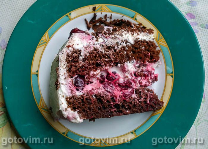 Торт «Черный лес» с творожным кремом в мультиварке. Фотография рецепта Торт «Черный лес» с творожным кремом в мультиварке. Фотография рецепта