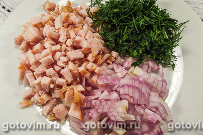 Фотографии рецепта Творожные маффины с копчёной курицей и луком, 03 Творожные маффины с копчёной курицей и луком, Шаг 03