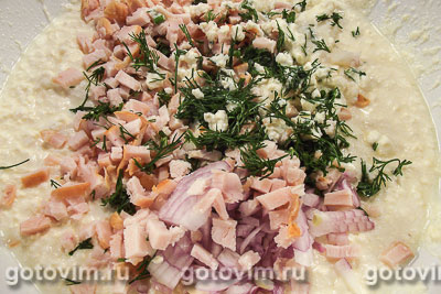 Фотографии рецепта Творожные маффины с копчёной курицей и луком, 04 Творожные маффины с копчёной курицей и луком, Шаг 04