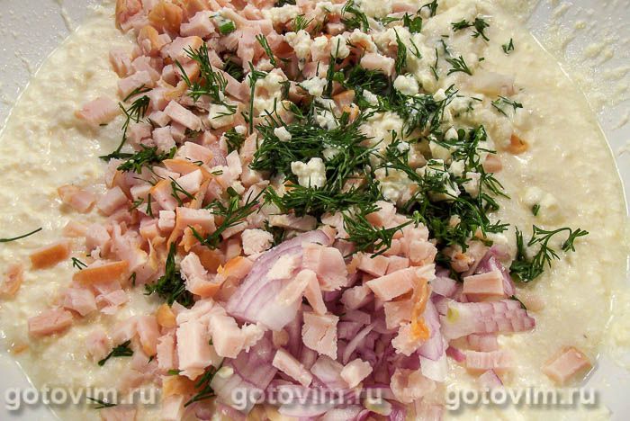 Фотографии рецепта Творожные маффины с копчёной курицей и луком, 04 Творожные маффины с копчёной курицей и луком, Шаг 04