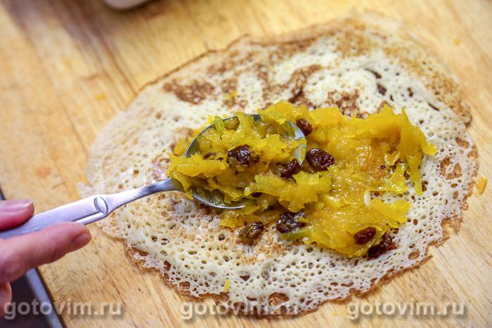 Фотографии рецепта Запеканка из блинов с тыквой, изюмом и мёдом, 04 Запеканка из блинов с тыквой, изюмом и мёдом, Шаг 04