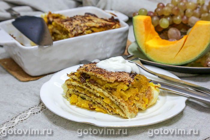 Запеканка из блинов с тыквой, изюмом и мёдом. Фотография рецепта Запеканка из блинов с тыквой, изюмом и мёдом. Фотография рецепта
