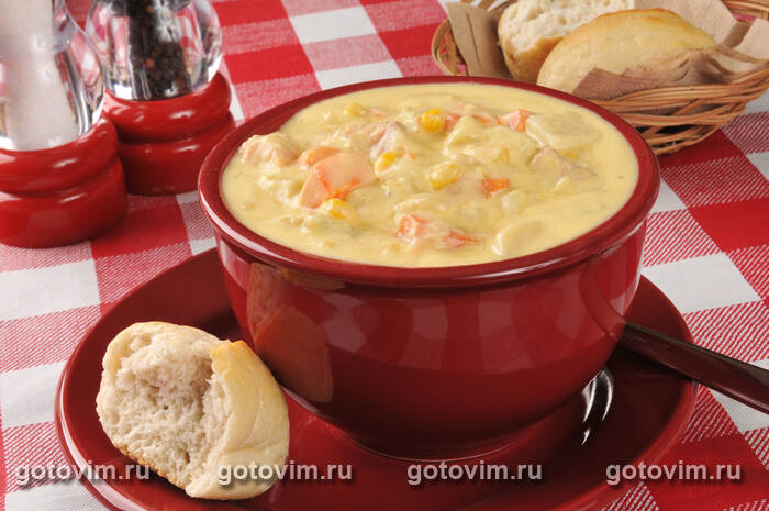Похлебка чаудер с курицей гриль и белой кукурузой Похлебка чаудер с курицей гриль и белой кукурузой