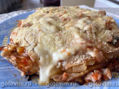 Блинный мясной пирог с сыром моцарелла и соусом бешамель. Фото-рецепт