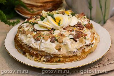 Блинный торт с копченой рыбой. Фото-рецепт