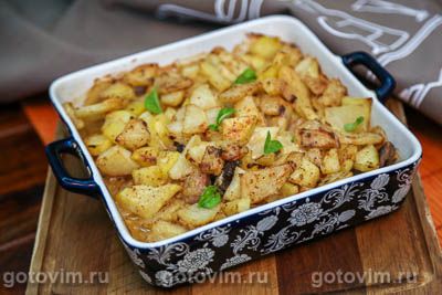 Запеканка из индейки с грибами и картофелем в горчичном соусе. Фото-рецепт