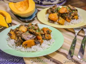 Куриная печень, жаренная с тыквой