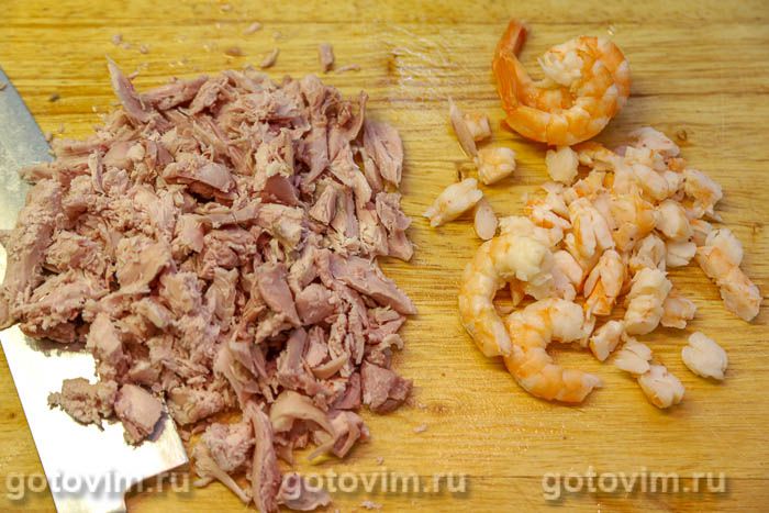 Салат «Оливье» с ланспиком, цыпленком и креветками по старинному рецепту, Шаг 12