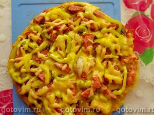 Пицца на сковороде с грибами, колбасой и сладким перцем