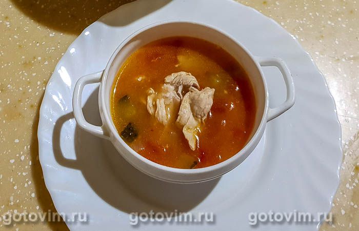 Густой суп из индейки с солеными огурцами. Фотография рецепта