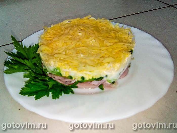 Слоеный салат из ветчины со свежим огурцом и сыром. Фотография рецепта