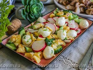Овощной салат с редисом, огурцом, моцареллой и омлетом