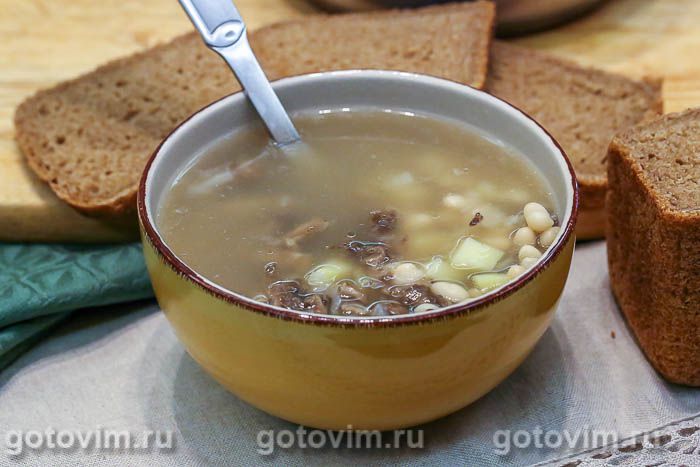 Суп из строчков с фасолью. Фотография рецепта