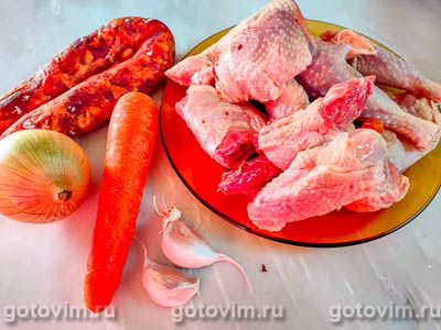 Канжа - португальский куриный суп с рисом и колбасой чоризо, Шаг 01