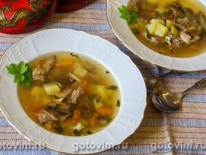 Мясной суп с картофелем и солеными гриба
