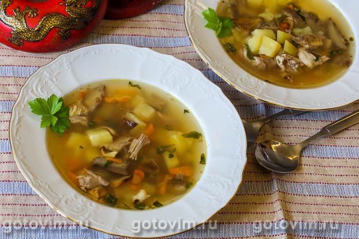 Мясной суп с картофелем и солеными грибами. Фотография рецепта