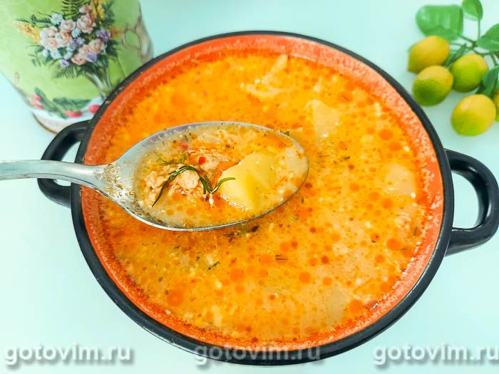 Сырный суп с фаршем и помидорами. Фотография рецепта