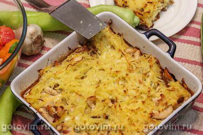 Картофельная запеканка с курицей, лисичками и беконом. Фото-рецепт